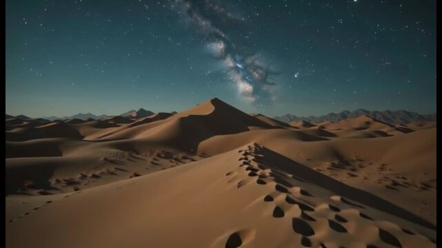 Footprints in Desert Dunes Under Milky Way Starry Night Sky