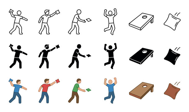 People playing cornhole game with bean bags and board icons in various styles including outline, solid, and colorful illustrations.