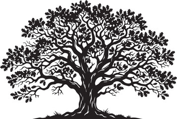 Fototapeta premium Black silhouette of a tree with sprawling branches and leaves isolated on white background