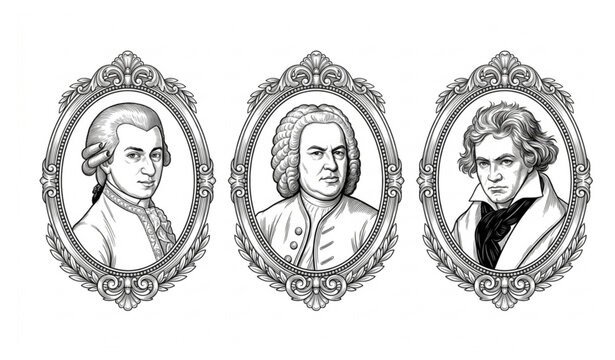 Historic Composer Portrait Collection with Mozart Bach and Beethoven in Elegant Line Art Vector