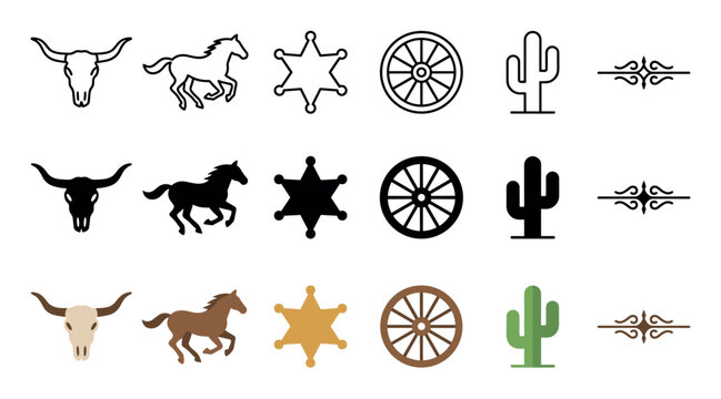 Western icons collection featuring bull skull, running horse, sheriff star, wagon wheel, cactus, and decorative divider in various styles.