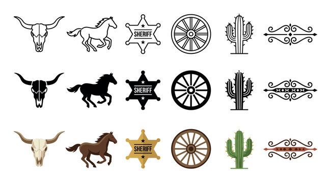 Diverse collection of Western cowboy themed graphic icons featuring classic elements like bull skull, running horse, sheriff badge, wagon wheel, and cactus.