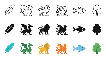 Fototapeta premium Collection of diverse nature, animal, and fantasy creature icons presented in three distinct styles: outline, silhouette, and flat color.