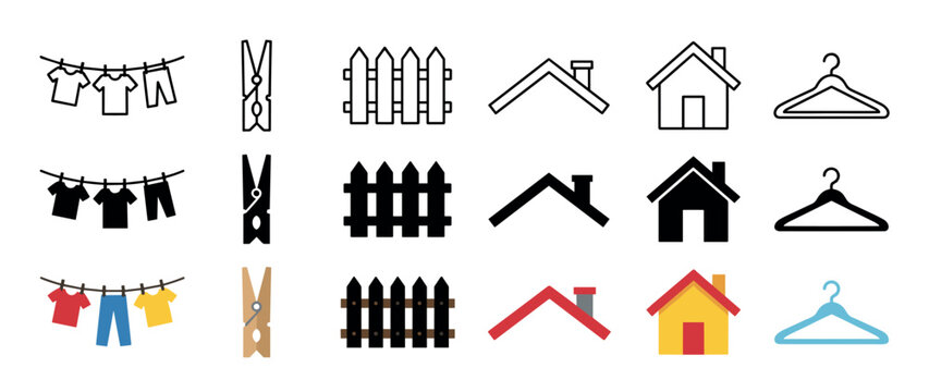 Household domestic laundry property icons collection featuring various home-related symbols in outline, solid, and colorful vector styles.