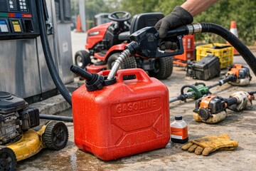Fototapeta premium Man filling gas tank with red container