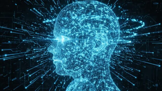 Side profile of glowing cyan wireframe human head with bright eyes, horizontal scan beam across face, digital mesh contours, and futuristic data lines on dark background, with wireframe, head