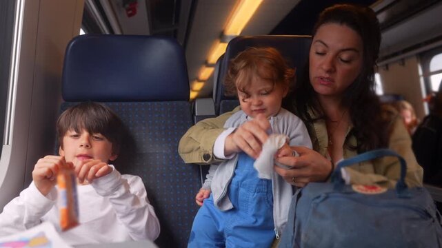 Mother traveling by passenger train with two young children, authentic parenting moment highlighting mental load, caregiving, family travel and the realities of motherhood