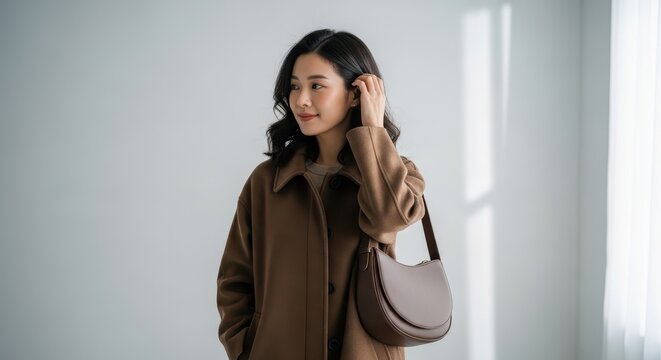 A woman in a brown coat holding a purse by the window with natural light adult woman alone brown coa