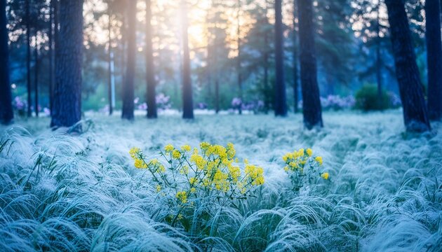 Yellow wildflowers in a field of feather grass