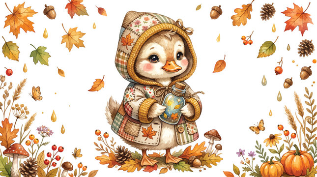 A collection of cute watercolor autumn elements featuring a scarecrow fox squirrel hedgehog mushroom house and seasonal harvest items on white background