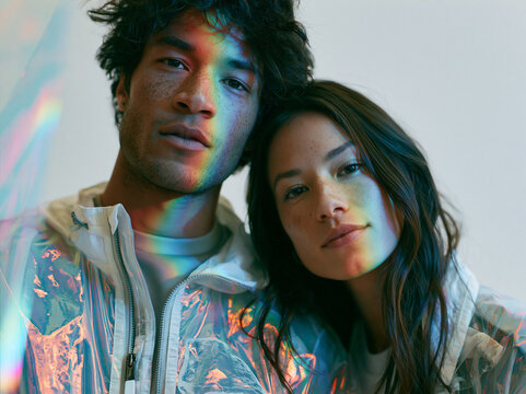 Young Couple Portrait with Prismatic Light Effects