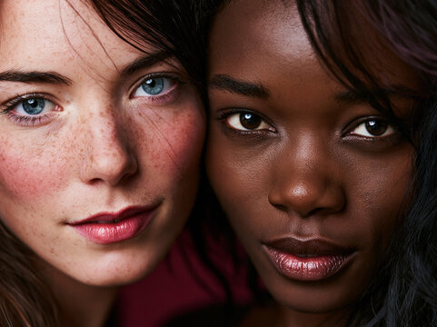 Two Women Different Ethnicities Close Together Portrait