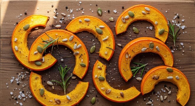 Sliced pumpkin on a wooden table with herbs and seeds scattered around the vegetable pieces on a rus