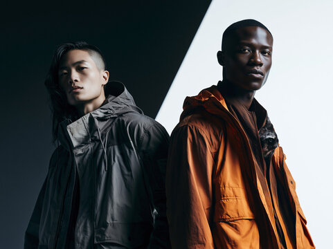 Two Men Standing Back-to-Back in Contrasting Jackets