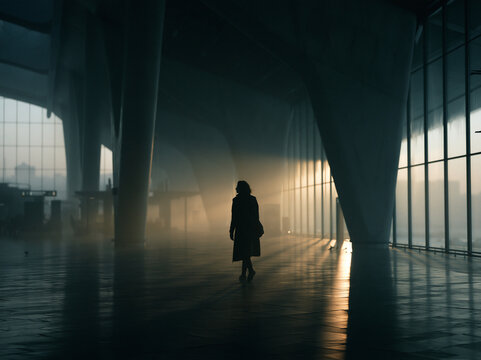 Solitary Woman Walking Through Misty Modern Corridor
