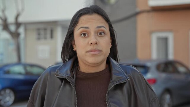 Woman in leather jacket shrugs and purses lips on street near parked cars and residential building windows; uncertainty reflection.