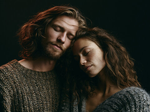 Couple in Intimate Embrace Against Dark Background
