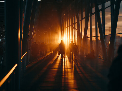 Silhouetted People Walking Toward Bright Sunset Through Modern Corridor