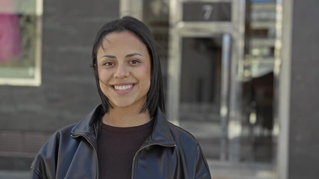 Woman smiles showing teeth in a black leather jacket at a glass building entrance on a city street; confidence.