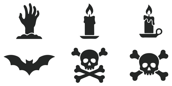 Set of black silhouette icons featuring halloween symbols like skulls candles bats and a zombie hand