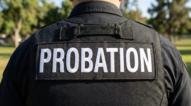 Close up of probation officer in black tactical vest with embroidered white text patch on back, law enforcement illustration