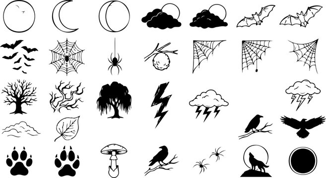 Halloween nature icons set including moon clouds spider web tree lightning