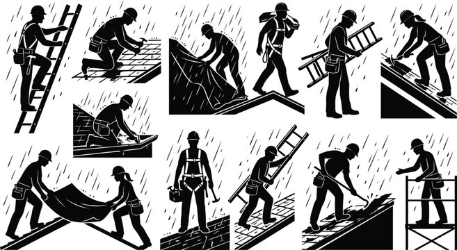 Construction workers building a wooden roof