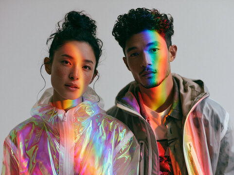 Young Couple Lit by Rainbow Prism Light