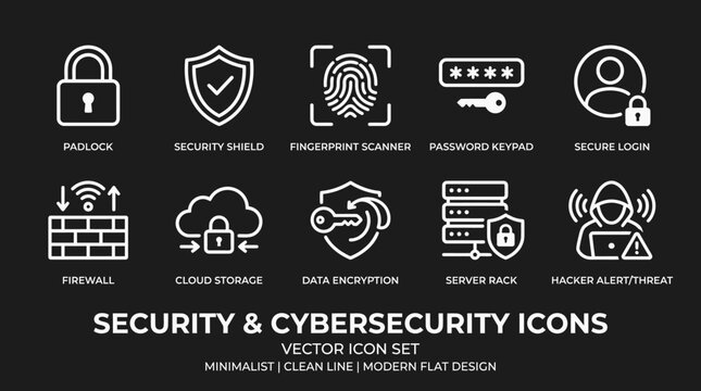 A set of modern flat design vector icons depicting various cybersecurity and security concepts on a dark background.
