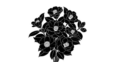 Black and white floral bouquet illustration with magnolia flowers and leaves on white background © Kamola
