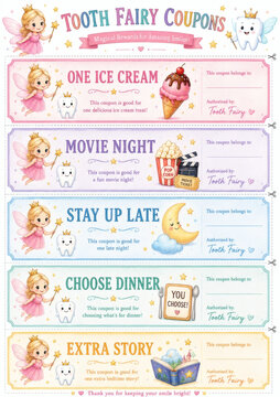 Adorable set of Tooth Fairy coupons with cute fairy, rewards like ice cream, movie night, extra story, stay up late, choose dinner. Perfect for kids, parents, printable and colorful.