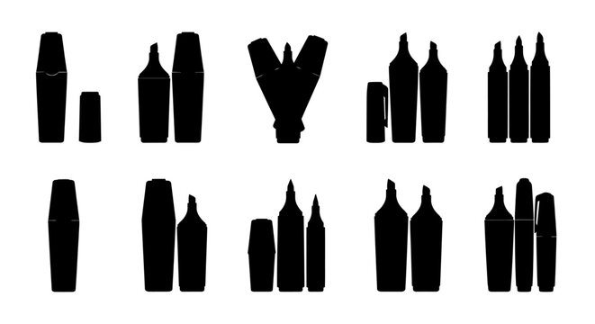 Black silhouettes of various markers and highlighters on white background