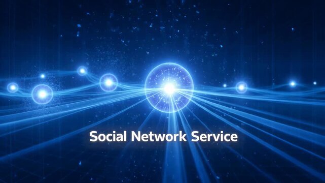 Digital network glowing with light particles moving towards a central bright sphere in a dark blue abstract environment