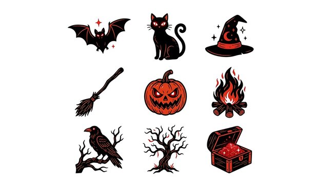 Set of cute hand drawn halloween icons and spooky elements illustration