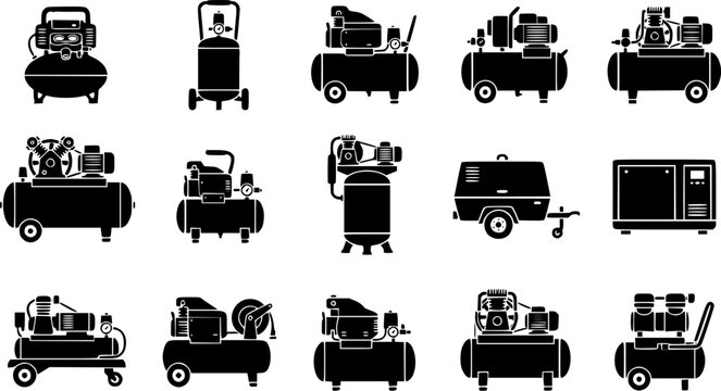Air Compressor silhouette icon set, flat black glyph style, pure white background