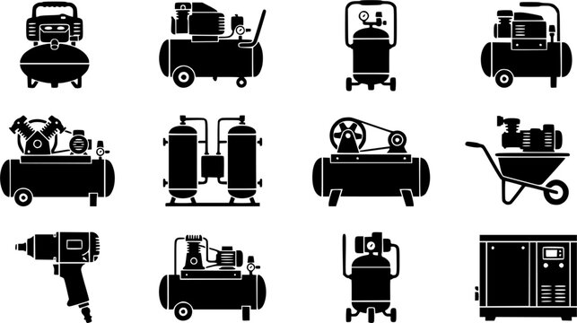 Air Compressor silhouette icon set, flat black glyph style, pure white background
