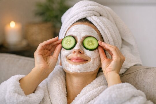 A woman wearing cucumber slices as eye patches, a humorous and quirky image