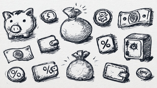 hand-drawn sketch of piggy bank coins cash and financial symbols on paper background