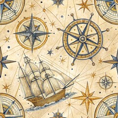 Fototapeta premium Nautical Map Digital Paper Pack with Seamless Watercolor Antique Compass Rose Patterns for Scrapbook Crafts