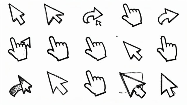 Set of black and white computer mouse cursor icons with various shapes and directions for digital interface design
