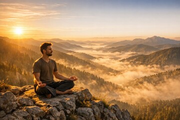 Obraz premium Man meditating on mountain peak with serene landscape in background