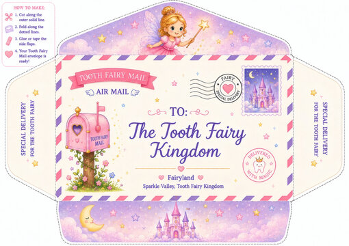 Cute printable Tooth Fairy envelope template with fairy, magical castle, stars, and mailbox. Perfect for kids&rsquo; tooth fairy traditions and special deliveries.