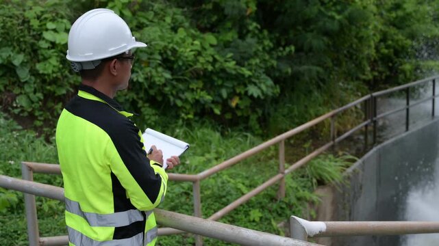 Professional male environmental engineer wearing a hard hat inspecting rushing water at a dam spillway while taking notes on a clipboard for public infrastructure safety and flood control.