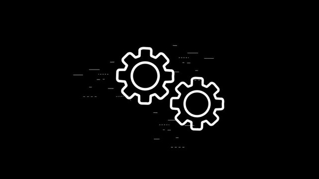 White Outline Gears Turning and Rotating on Dark Black Background, Minimal Technical Engineering Loop Animation, Mechanical Industrial Progress and Automation Video Footage