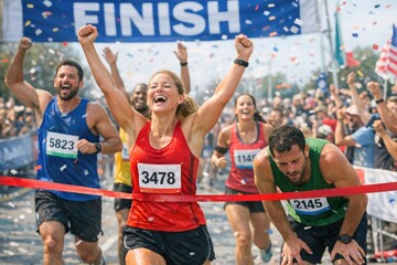 Fototapeta premium A woman completes her marathon run, exhaustion and accomplishment written on her face
