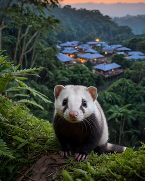A  javan ferret  badger ai-generated fantasy animal, fictional species near a village