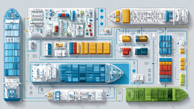 Top view of colorful cargo ships and containers at harbor with cranes and dockyard industrial scene