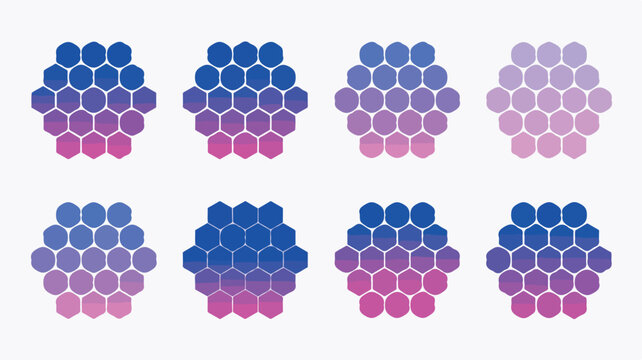 Vibrant vector graphic illustration featuring multiple purple and blue hexagonal honeycomb patterns on white grid paper