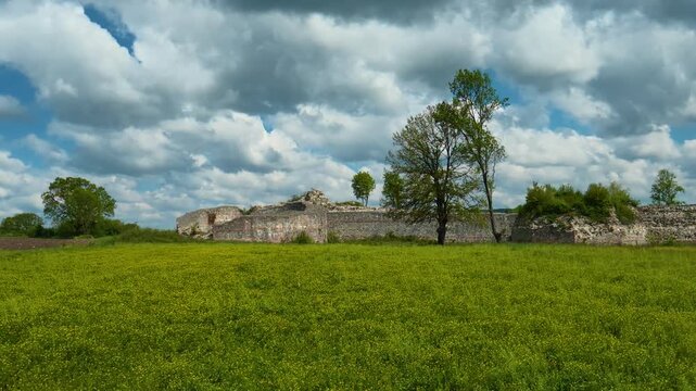 Felix Romuliana External Stone Walls, Ancient Roman Fortress Perimeter, UNESCO Site Serbia, 4K POV