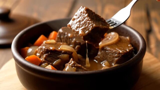 Hold a fork in the bowl and fork the beef stew ingredients